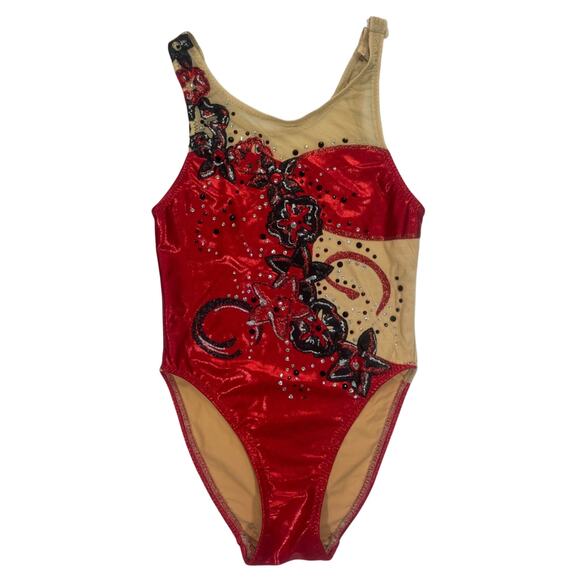 Red Rhinestone Dance Gymnastics Leotard Costume YL/XL or A XS Adjustable Strap - Picture 1 of 9